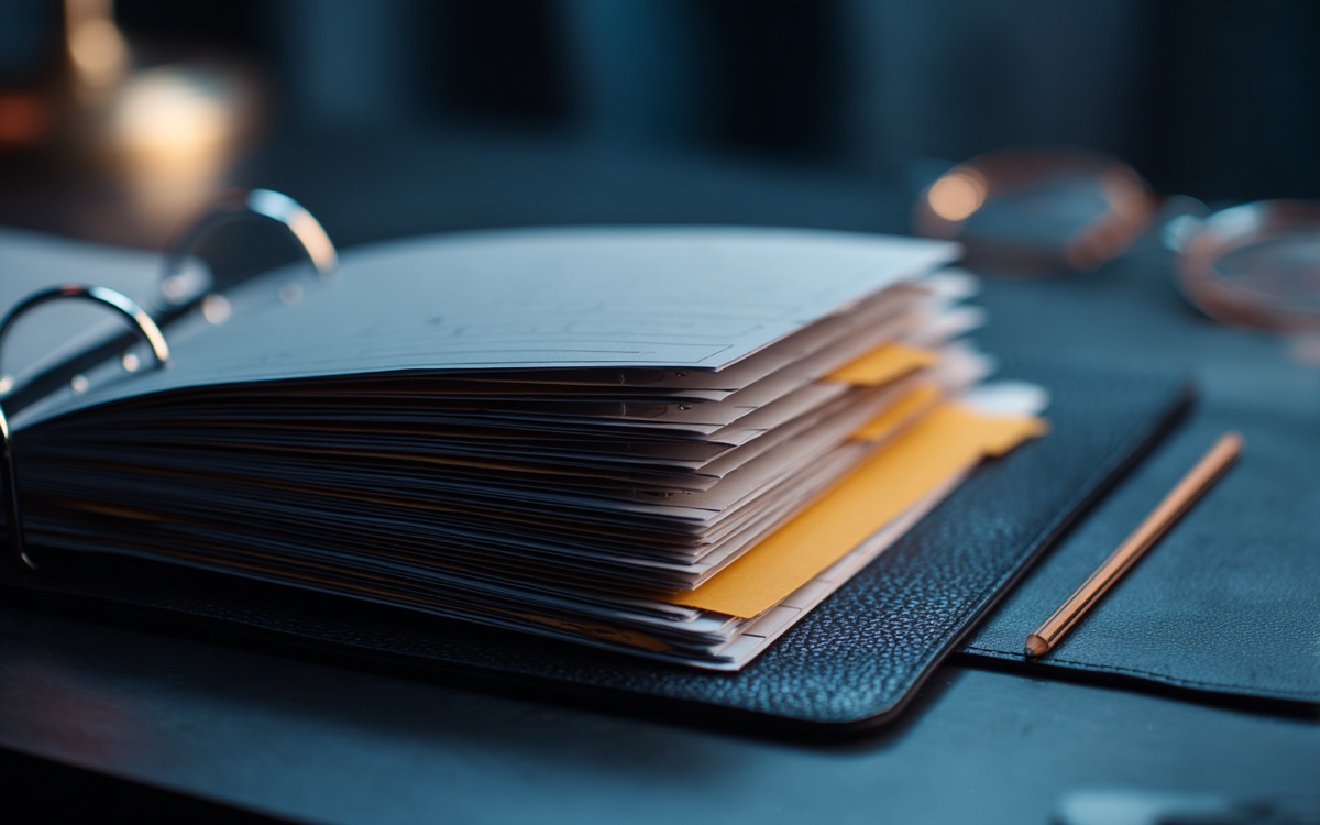 Classeur à anneaux ouvert sur un bureau sombre, intercalaires et onglet ambre, crayon posé à côté