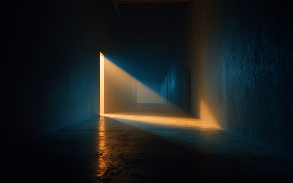 Long couloir sombre traversé par un faisceau de lumière s'élargissant avec la distance