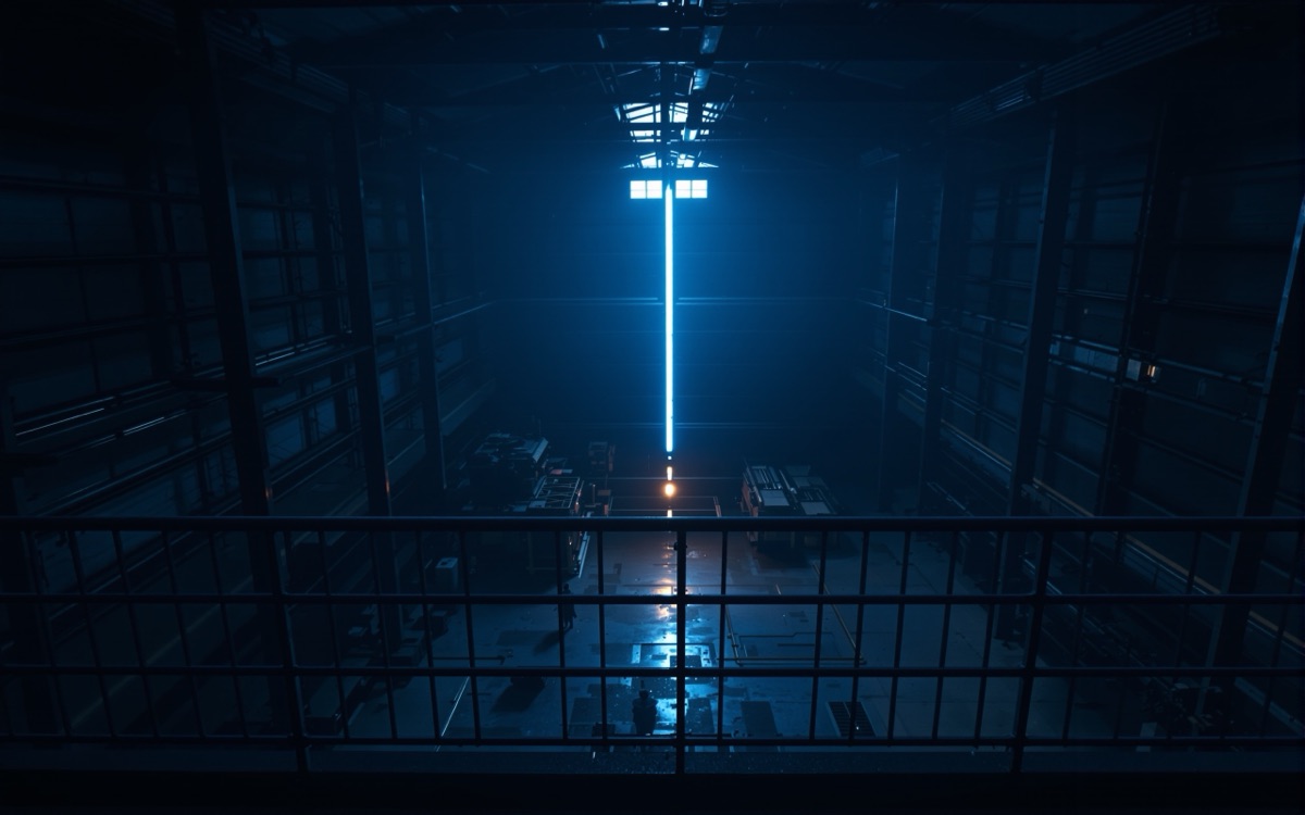 Vue en surplomb d'une halle industrielle sombre depuis une passerelle